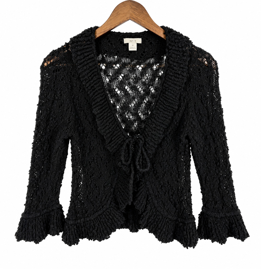 Apt 9 Crochet Cropped Ruffle Cardigan Size Medium Whimsigoth Fairy Coquette